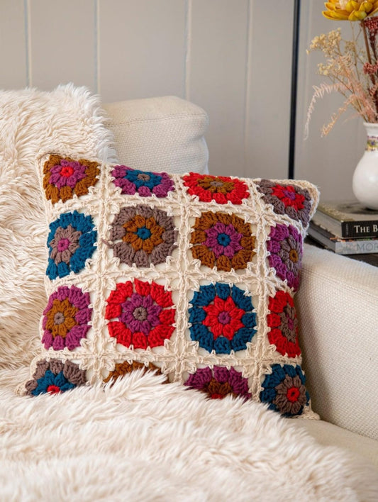 Handmade Crochet Granny Square Cushion Cover – Floral Boho Throw Pillow Cover